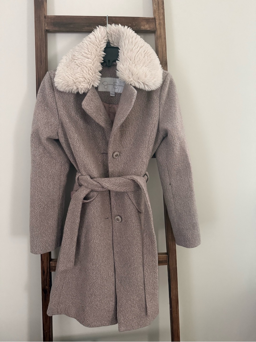 Jessica Simpson Taupe Wool-Blend Trench Coat with Faux Fur Collar